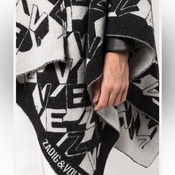 ZADIG & VOLTAIRE Elliot Love Wool-Blend Poncho - Black White LOGO - Picture 2 of 13